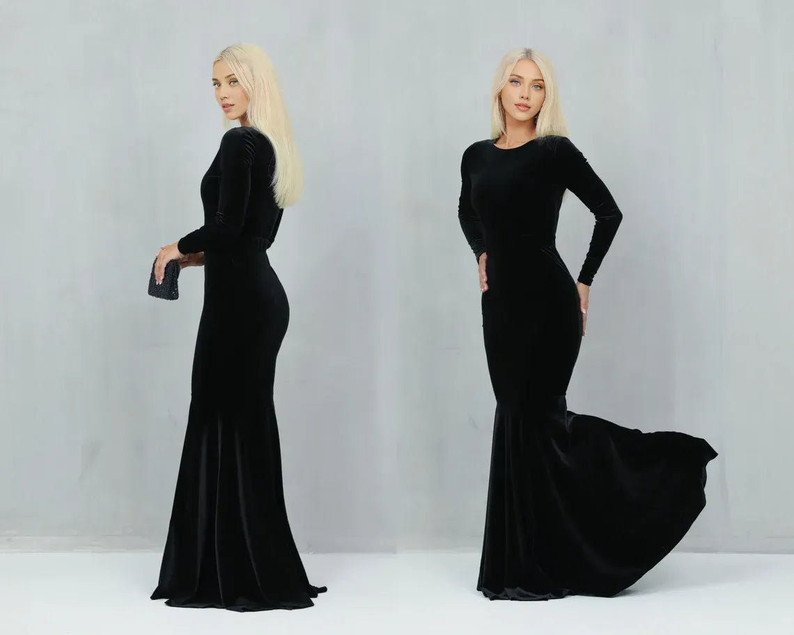 Vestido de fiesta de graduación de sirena, de terciopelo negro, con cuello redondo y mangas largas hasta el suelo